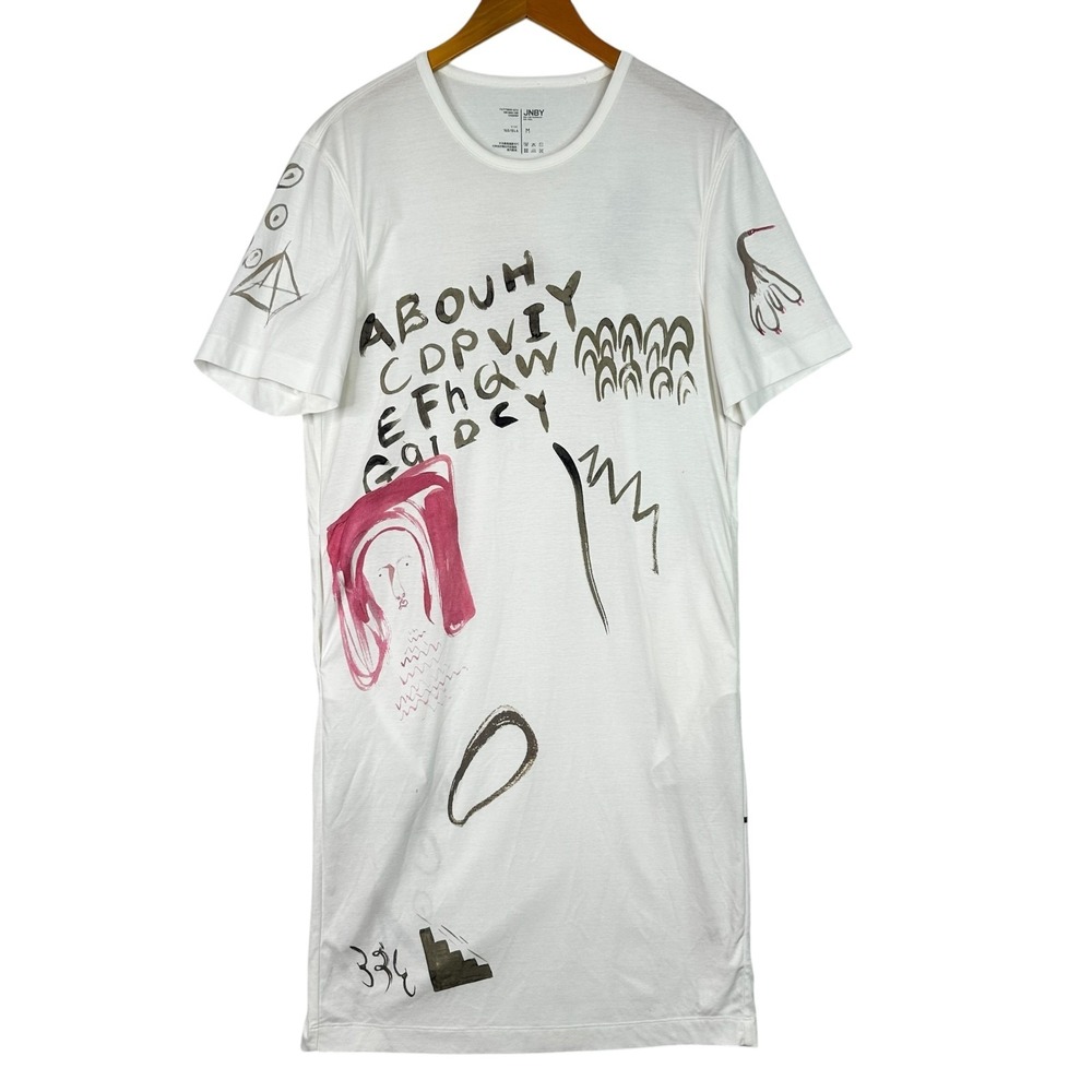 JNBY Graphic T Shirt Dress Womens M White Abstract Art Print 100% Cotton Midi